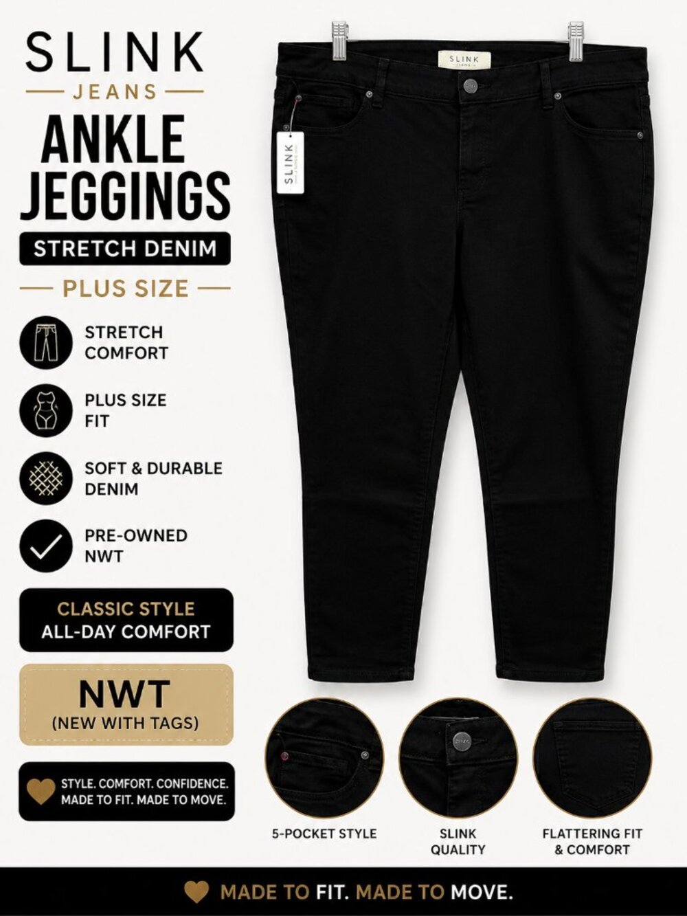 NWT Slink Black Ankle Jeggings Plus Size Stretch Denim Jeans